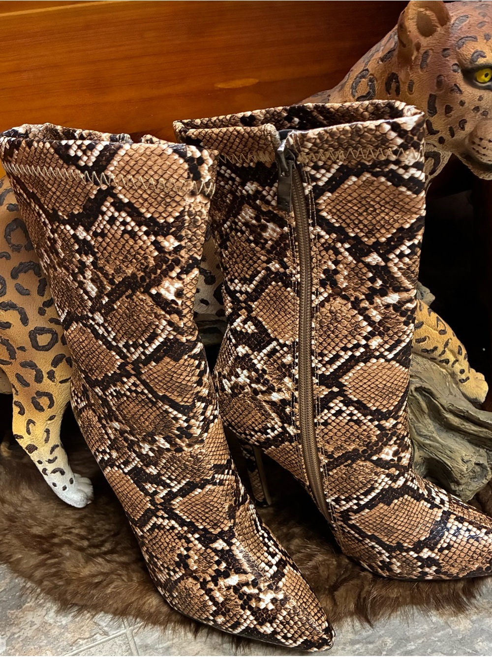 Snake Print Pointed Toe Stiletto Ankle Boots - Brown